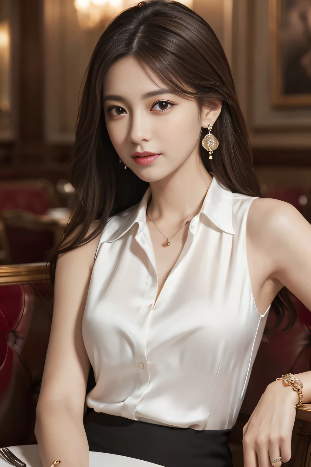 masterpiece, Highest quality, Realistic, Very detailed, Finer details, High resolution, 8k wallpaper, One beautiful woman, Wear an elegant silk shirt in a pretty color, In a great restaurant, At night, Light brown messy hair, Perfect dynamic composition, Beautiful and beautiful eyes、Big earrings、chest、Sleeveless shirt、
