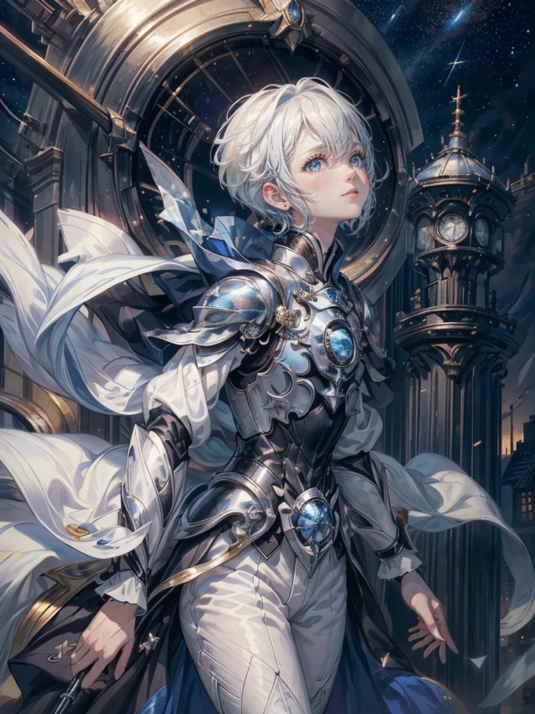 ((4K works))、​masterpiece、(top-quality)、One beautiful boy、Slim body、tall、((Black Y-shirt and white pants、Charming British knight style))、Please wear one jacket、(Detailed beautiful eyes)、Fantastic Night City、((City under the stars))、Fantastic city at midnight、((Face similar to Carly Rae Jepsen))、((Short-haired white hair))、((Smaller face))、((Neutral face))、((Bright blue eyes))、((American adult male))、((Adult male 26 years old))、((Cool Men))、((Like a celebrity))、((Crying expression))、((sad look))、((Korean Makeup))、((elongated and sharp eyes))、((Happy dating))、((boyish))、((Upper body photography))、Professional Photos、((Shot alone))、((She is looking up at the sky under the roof))、((Shot from the side))、((Crying profile))、((Face crying in pain))、((He is looking upwards))、((His eyes are looking down))、((He stands next to the viewer))、((He who cries))、I'm crying on a stick.、Man crying while standing、Solitude、saddened、desolate、suffocating、heartbreaking、auw