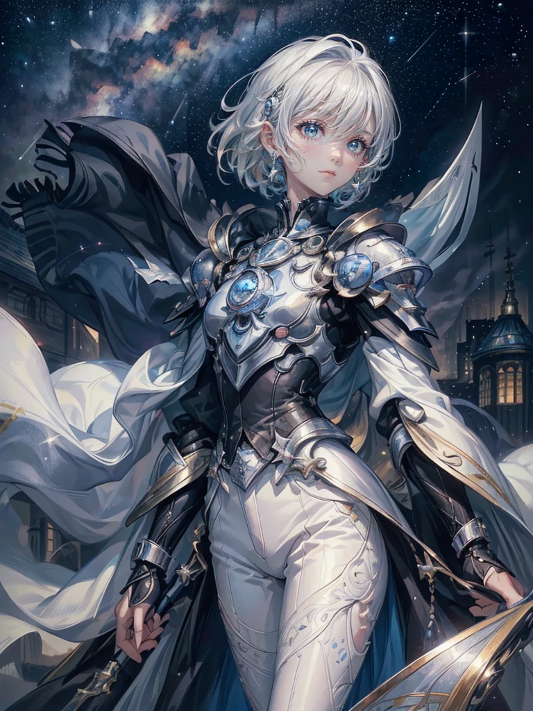 ((4K works))、​masterpiece、(top-quality)、One beautiful boy、Slim body、tall、((Black Y-shirt and white pants、Charming British knight style))、Please wear one jacket、(Detailed beautiful eyes)、Fantastic Night City、((City under the stars))、Fantastic city at midnight、((Face similar to Carly Rae Jepsen))、((Short-haired white hair))、((Smaller face))、((Neutral face))、((Bright blue eyes))、((American adult male))、((Adult male 26 years old))、((Cool Men))、((Like a celebrity))、((Crying expression))、((sad look))、((Korean Makeup))、((elongated and sharp eyes))、((Happy dating))、((boyish))、((Upper body photography))、Professional Photos、((Shot alone))、((She is looking up at the sky under the roof))、((Shot from the side))、((Crying profile))、((Face crying in pain))、((He is looking upwards))、((His eyes are looking down))、((He stands next to the viewer))、((He who cries))、I'm crying on a stick.、Man crying while standing、Solitude、saddened、desolate、suffocating、heartbreaking、auw