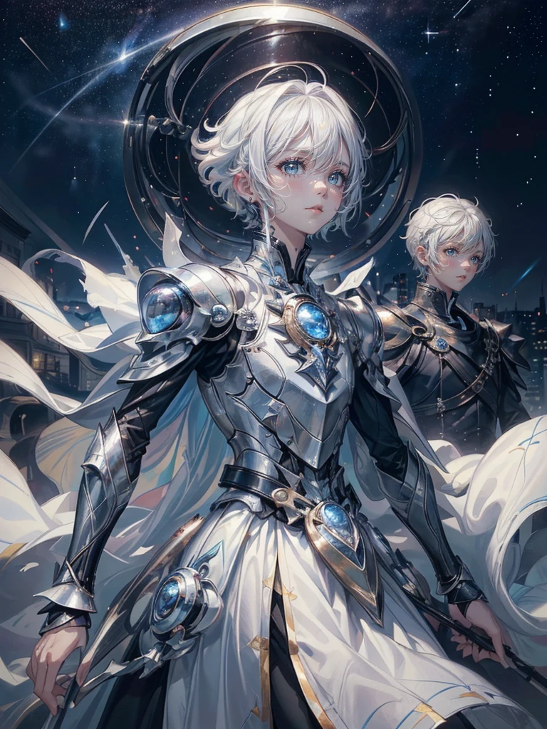 ((4K works))、​masterpiece、(top-quality)、One beautiful boy、Slim body、tall、((Black Y-shirt and white pants、Charming British knight style))、Please wear one jacket、(Detailed beautiful eyes)、Fantastic Night City、((City under the stars))、Fantastic city at midnight、((Face similar to Carly Rae Jepsen))、((Short-haired white hair))、((Smaller face))、((Neutral face))、((Bright blue eyes))、((American adult male))、((Adult male 26 years old))、((Cool Men))、((Like a celebrity))、((Crying expression))、((sad look))、((Korean Makeup))、((elongated and sharp eyes))、((Happy dating))、((boyish))、((Upper body photography))、Professional Photos、((Shot alone))、((She is looking up at the sky under the roof))、((Shot from the side))、((Crying profile))、((Face crying in pain))、((He is looking upwards))、((His eyes are looking down))、((He stands next to the viewer))、((He who cries))、I'm crying on a stick.、Man crying while standing、Solitude、saddened、desolate、suffocating、heartbreaking、auw