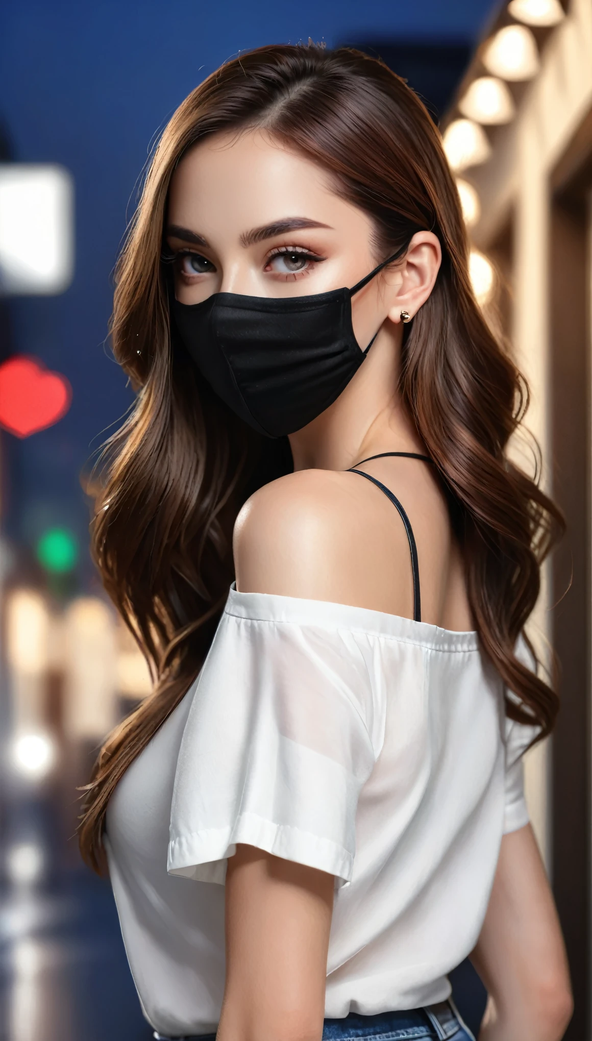 A beautiful woman with long brown hair, pretty eyes, eyes makeup, small earrings, wearing a cropped shirt, low rise jeans, and a black mask, posing in night town, professional photography studio team, professional fashion model, (super shallow depth of field:1.4), magazine cover photo, (best quality, 8k, highres, masterpiece:1.2), ultra-detailed, (realistic, photorealistic, photo-realistic:1.37), UHD, studio lighting, ultra-fine painting, sharp focus, physically-based rendering, Octane Render, extreme detail description, professional, vivid colors, heart bokeh, fashion,