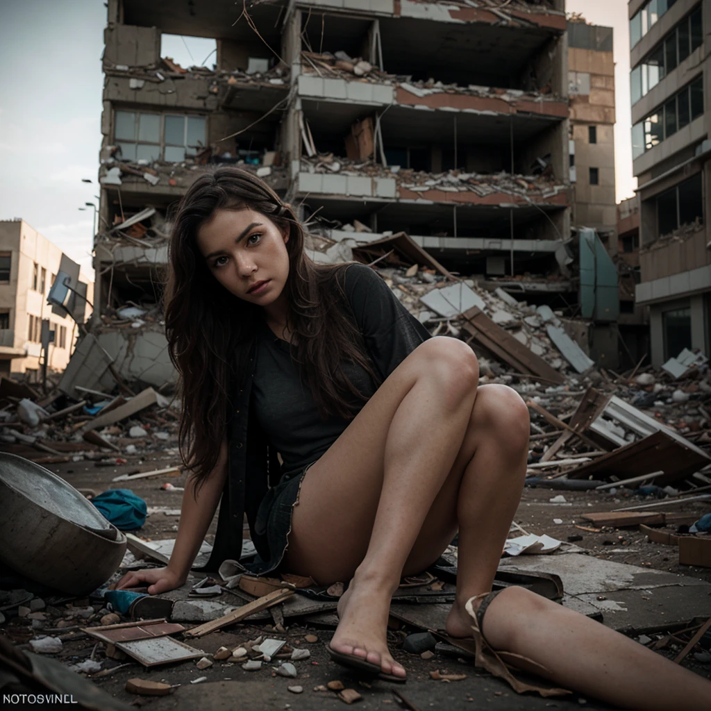 A female elf, sitting on debris, in an apocalyptic world in the middle of an abandoned city, holding and playing a guitar, detailed face, beautiful eyes, long eyelashes, detailed hands, intricate costume design, post-apocalyptic environment, decrepit buildings, rubble, dramatic lighting, cinematic angle, muted color palette, gritty, moody, emotional, masterpiece, highly detailed, photorealistic, octane render