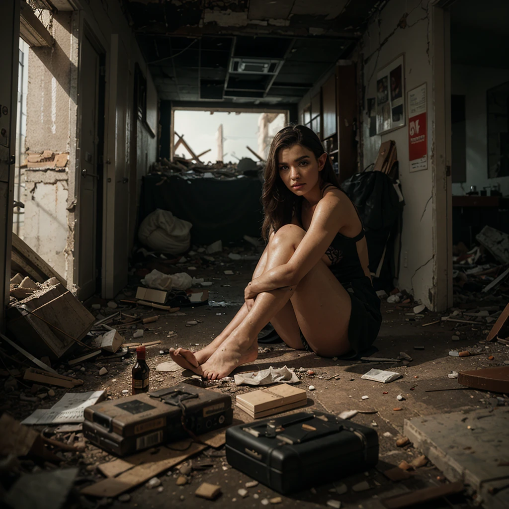 A female elf, sitting on debris, in an apocalyptic world in the middle of an abandoned city, holding and playing a guitar, detailed face, beautiful eyes, long eyelashes, detailed hands, intricate costume design, post-apocalyptic environment, decrepit buildings, rubble, dramatic lighting, cinematic angle, muted color palette, gritty, moody, emotional, masterpiece, highly detailed, photorealistic, octane render
