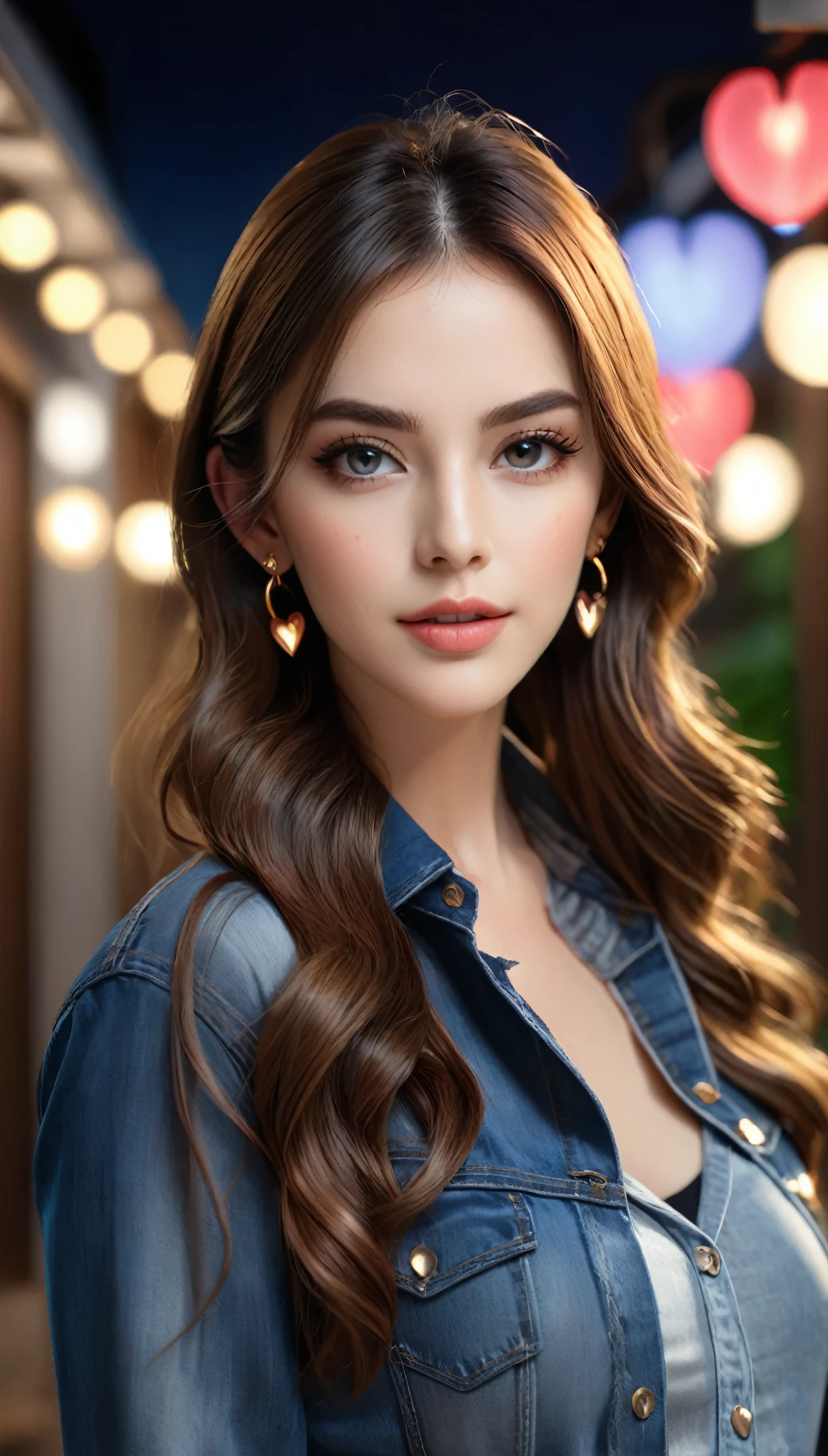 A beautiful woman with long brown hair, pretty eyes, eyes makeup, small earrings, wearing a cropped shirt, low rise jeans, and a black mask, posing in night town, professional photography studio team, professional fashion model, (super shallow depth of field:1.4), magazine cover photo, (best quality, 8k, highres, masterpiece:1.2), ultra-detailed, (realistic, photorealistic, photo-realistic:1.37), UHD, studio lighting, ultra-fine painting, sharp focus, physically-based rendering, Octane Render, extreme detail description, professional, vivid colors, heart bokeh, fashion,