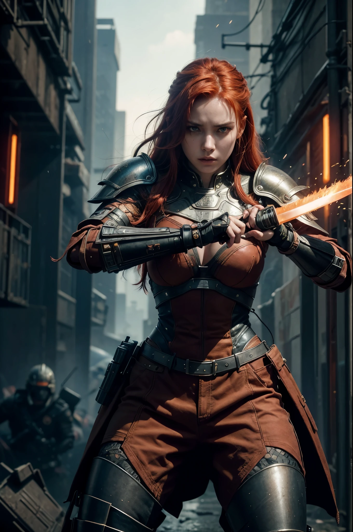 a battle-hardened warrior woman with fiery red hair, intricate cyberpunk-inspired armor, wielding a high-tech sword, fighting against an oppressive futuristic empire, dramatic lighting, cinematic composition, hyper-detailed, vibrant colors, dystopian sci-fi, epic fantasy, masterpiece