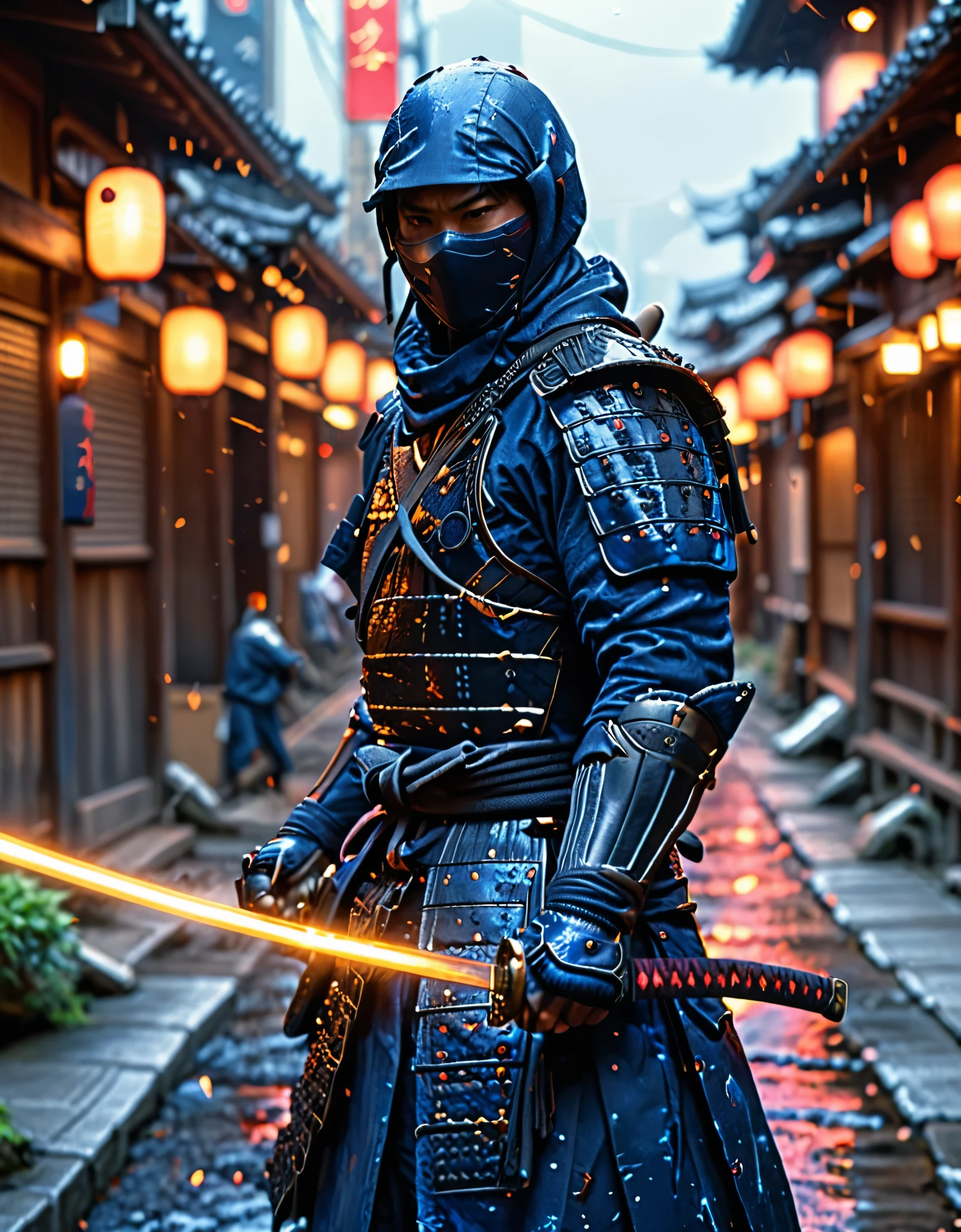 masterpiece, best quality, hires, 1man, solo, solo focus, japanese male wearing dark blue ninja suit, using katana, ninja, city backdrop, realistic, stylish, intricate details, hyperdetailed, cinematic, rim light, danger atmosphere, cowboy shot