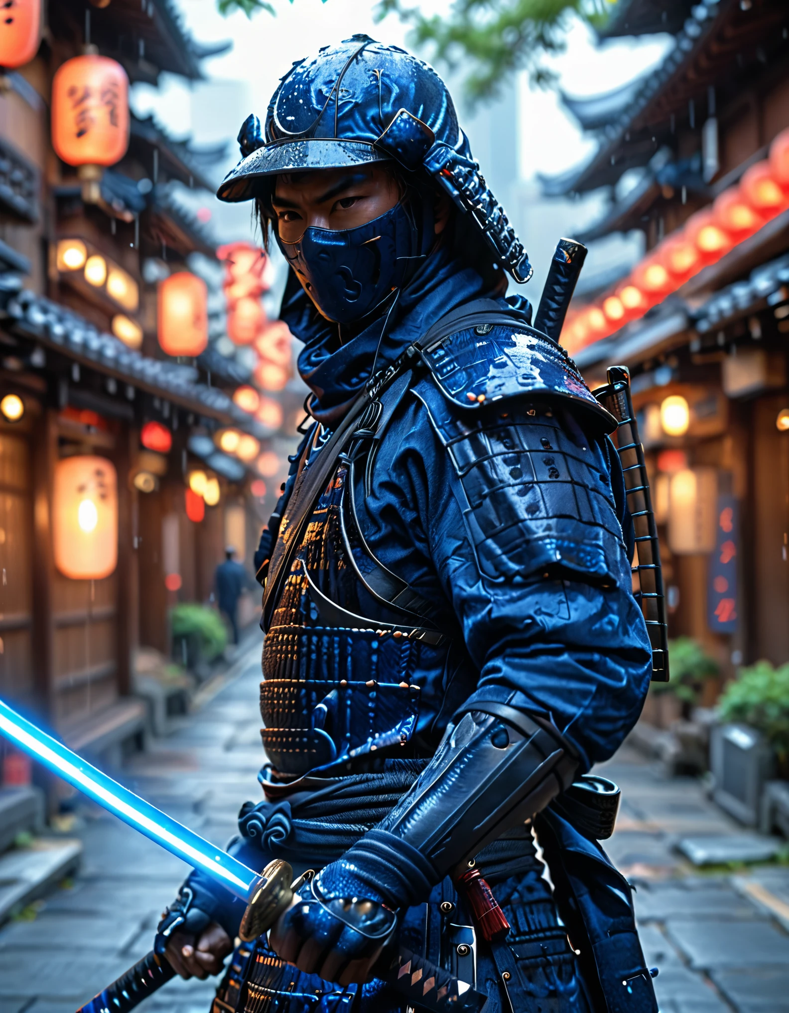 masterpiece, best quality, hires, 1man, solo, solo focus, japanese male wearing dark blue ninja suit, using katana, ninja, city backdrop, realistic, stylish, intricate details, hyperdetailed, cinematic, rim light, danger atmosphere, cowboy shot