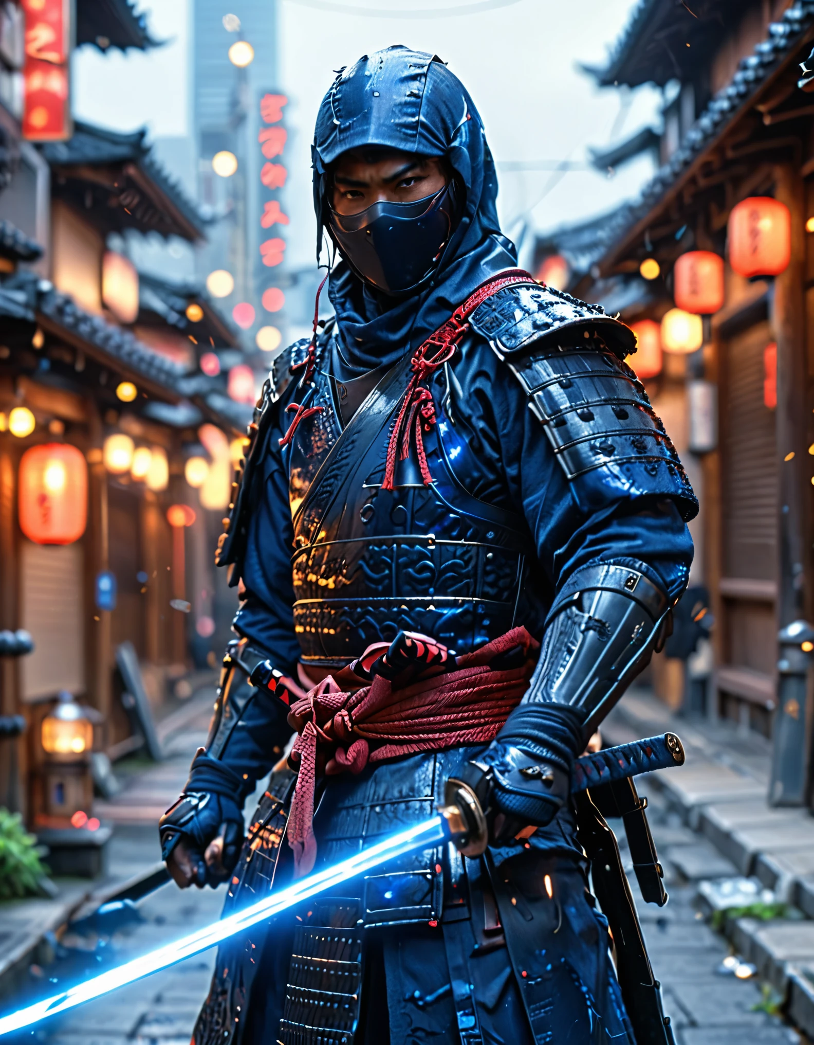 masterpiece, best quality, hires, 1man, solo, solo focus, japanese male wearing dark blue ninja suit, using katana, ninja, city backdrop, realistic, stylish, intricate details, hyperdetailed, cinematic, rim light, danger atmosphere, cowboy shot