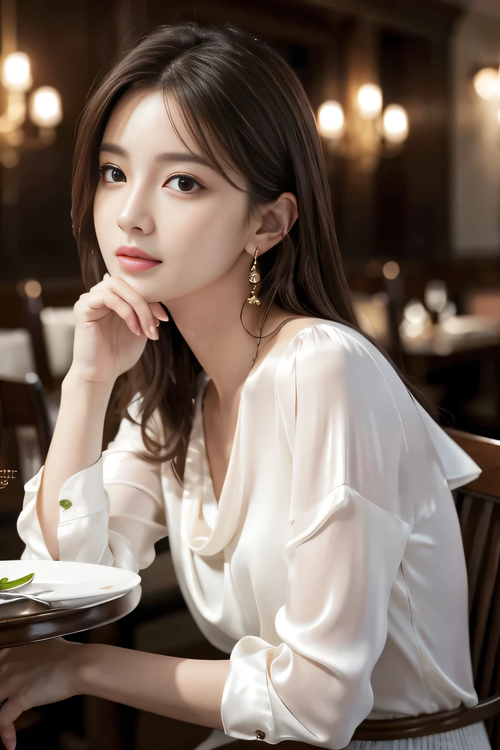 masterpiece, highest quality, Realistic, Very detailed, Finer details, High resolution, 8k wallpaper, One beautiful woman,Wear an elegant white silk blouse, In a great restaurant, At night, Light brown messy hair, Perfect dynamic composition, Beautiful and beautiful eyes、Big earrings、Sitting in a chair、