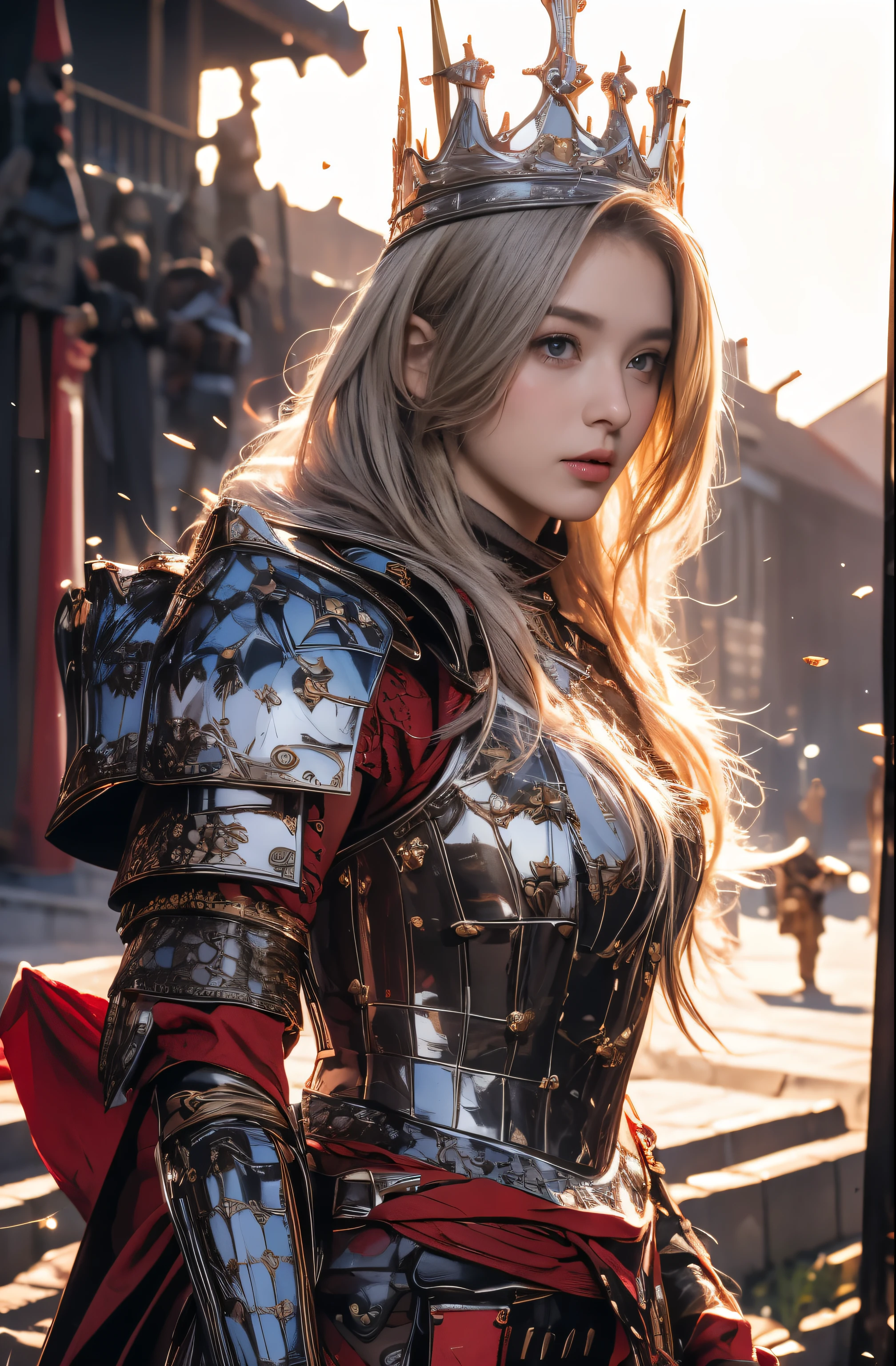 Elegant armor,princess, Full body, wearing a hijab , crown luxury , blue eye, blond hair, around , (red silver hijab), tmasterpiece,Best quality at best,A high resolution,8K,((Portrait)),(upper body),Original photo,real photograph,digital photography, elegant princess ,blue eye, super colossal brest, pointy colossal breast extravagant ornament,cparted lips,Keep your mouth shuegant and charming,((Blushing)),virgin content,Calm and handsome,luxury body armor ((red and silver armor)) , (Medieval fantasy armor, The Beautiful pointy breast, small waist, perfect colossal breast of princess body )oc render reflection texture, elegant style, colossal breast , medieval castle background, slim body, very small waist, (luxury armor pattern) , super slim ,beautiful like angel