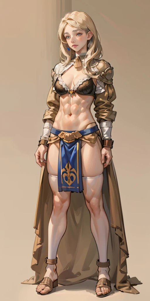 full body toe to head, masterpiece, 1soloMILF BIMBO standing bra and loincloth, leather collar choker neck bell shackles wristbands bracers bracelets sleeves and stockings, strong body, abs (plain background)