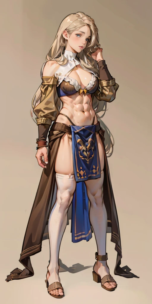 full body toe to head, masterpiece, 1soloMILF BIMBO standing bra and loincloth, leather collar choker neck bell shackles wristbands bracers bracelets sleeves and stockings, strong body, abs (plain background)
