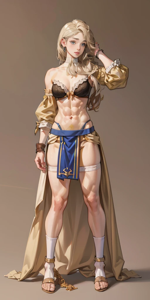 full body toe to head, masterpiece, 1soloMILF BIMBO standing bra and loincloth, leather collar choker neck bell shackles wristbands bracers bracelets sleeves and stockings, strong body, abs (plain background)