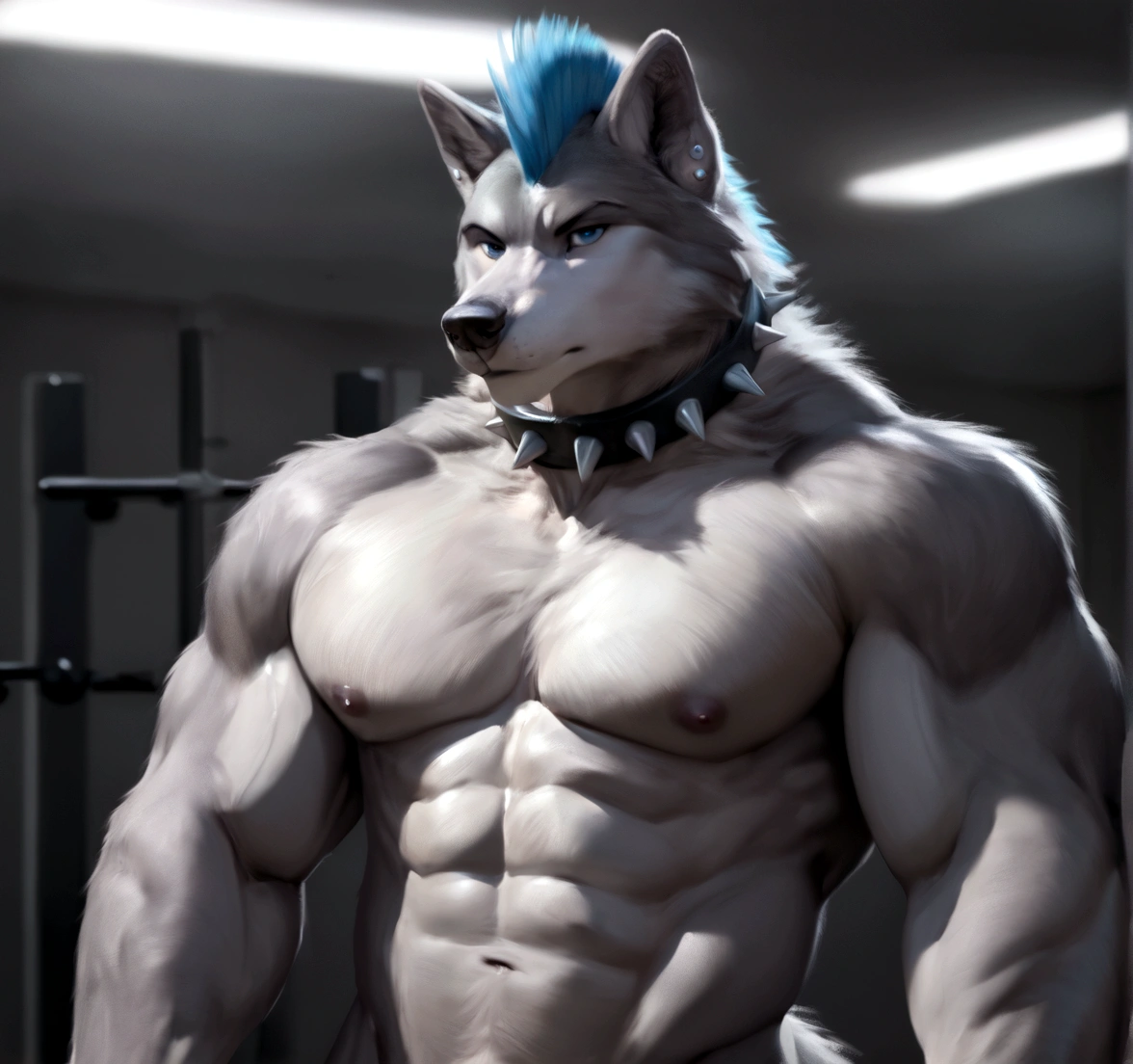 4k, high resolution, best quality, perfect colors, perfect shadows, perfect lighting, posted on e621, furry body, solo, medium full shot, anthro gray wolf, punk rock features, wearing a spiked collar, wearing spiked wrist cuffs, short neat light blue mohawk, (anatomically correct wolf tail, detailed fingers, male, (middle-aged, mature:1.2), (heavily muscular, beefy, massive, manly, masculine:1.4), correct anatomy, (photorealistic fur, detailed sweaty fur, epic, masterpiece:1.2), (big modern gym background), (by Chunie, Bonifasko lighting), (standing naked, silver nose ring:1.4), silver earrings, detailed blue eyes, detailed penis, nude, grinning at viewer, anatomically correct wolf penis, proudly showing his canine penis off to the viewer