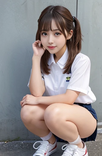 (Browsing Caution:0.99)、Beautiful girl, (Skirt flip), looking at the camera, Angle from below, Short skirt, squat, A shy smile, Japanese , Beautiful Skin, ((highest quality, 16K, masterpiece: 1.3)), 1 girl, Light on the face, Ultra detailed face, Highly detailed lips, Fine grain、Realistic Skin、Cute design panties、Shaven、Various Hair Styles、Uniforms in different colors、Natural clothing、Vans Sneakers、bite、Detailed panties