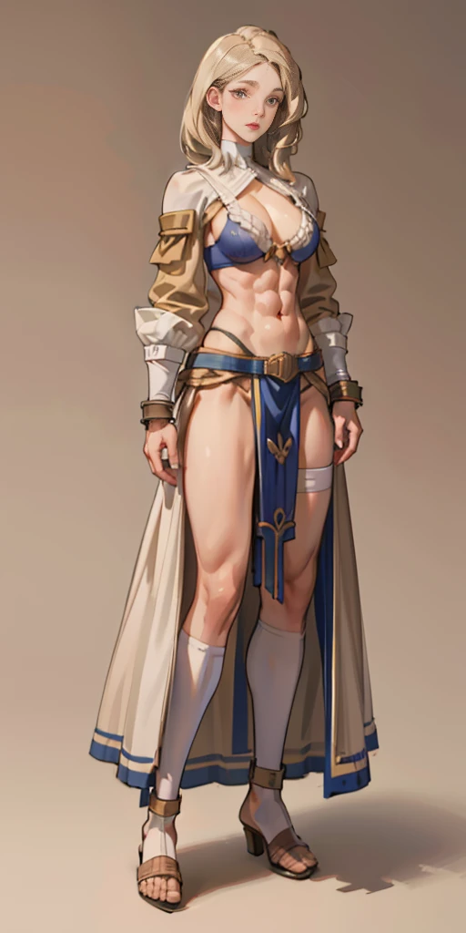 full body toe to head, masterpiece, 1soloMILF BIMBO standing bra and loincloth, leather collar choker neck bell shackles wristbands bracers bracelets sleeves and stockings, strong body, abs (plain background)
