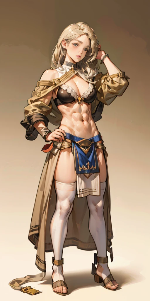 full body toe to head, masterpiece, 1soloMILF BIMBO standing bra and loincloth, leather collar choker neck bell shackles wristbands bracers bracelets sleeves and stockings, strong body, abs (plain background)
