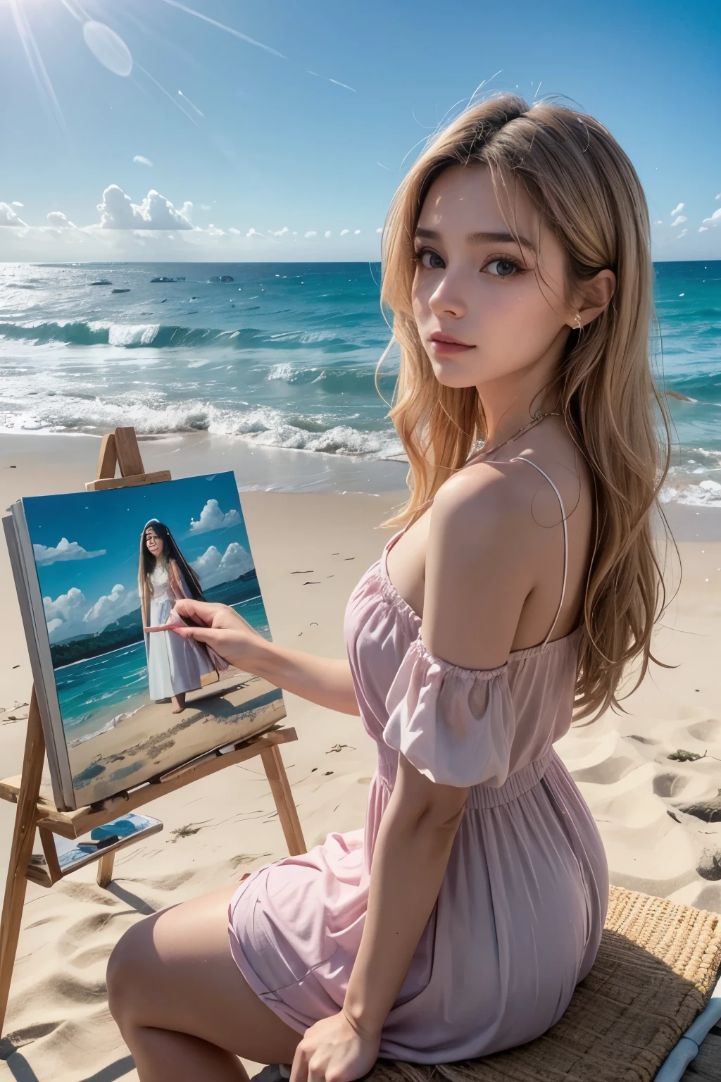 Character description:

Cabelos: Pretos, lisos e longos.
Olhos: Verdes esmeralda.
Roupas: Vestida com roupas de cores pastel, like a light pink or baby blue dress.
Profession: Artista e estilista.
Personalidade: Gentil e doce.
scenario: Em uma praia, com o oceano ao fundo, gentle waves and a clear, bright sky. Talvez esteja segurando um caderno de desenhos ou algumas ferramentas de design de moda, reflecting your profession.
scenario Adicional:

Beach setting includes golden sand, some shells and maybe an easel with some paintings nearby, sugerindo que ela estava pintando ou desenhando a paisagem.
