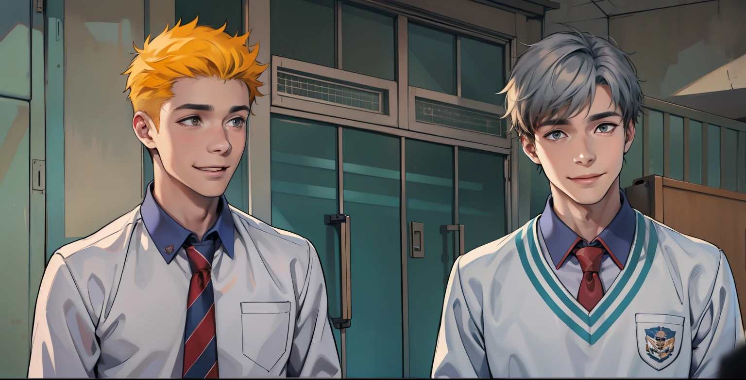 There are two handsome 18-year-old men, one of them is smiling, the other is worried and afraid.