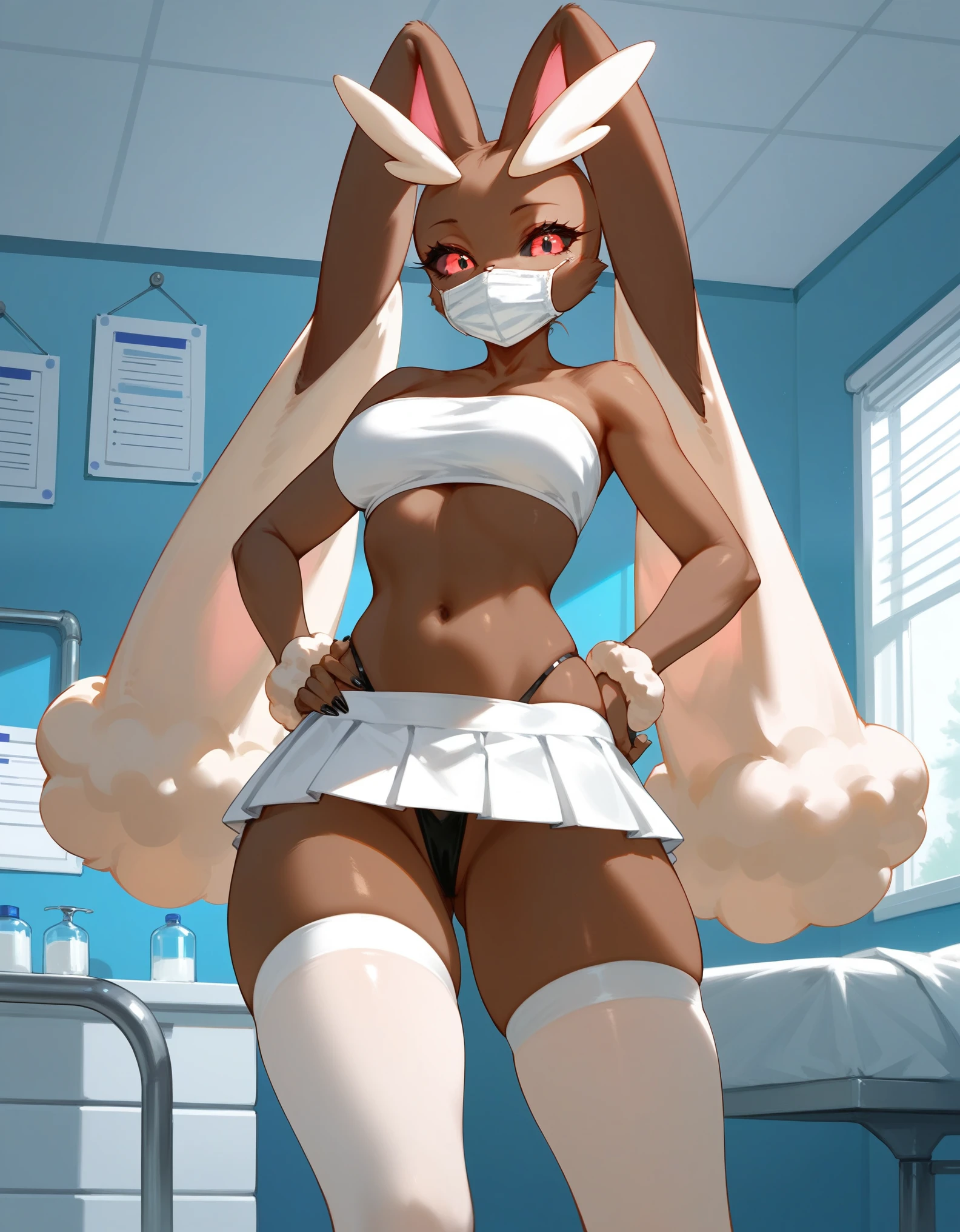 Solo, score_9,score_8_up,score_7_up, an Anthro furry female lopunny, standing, tall slender body, wearing white bandeau, white microskirt with black thong, white thigh high socks, black thong visible, white surgical mask, in a hospital bedroom, y pose, one hand on hip