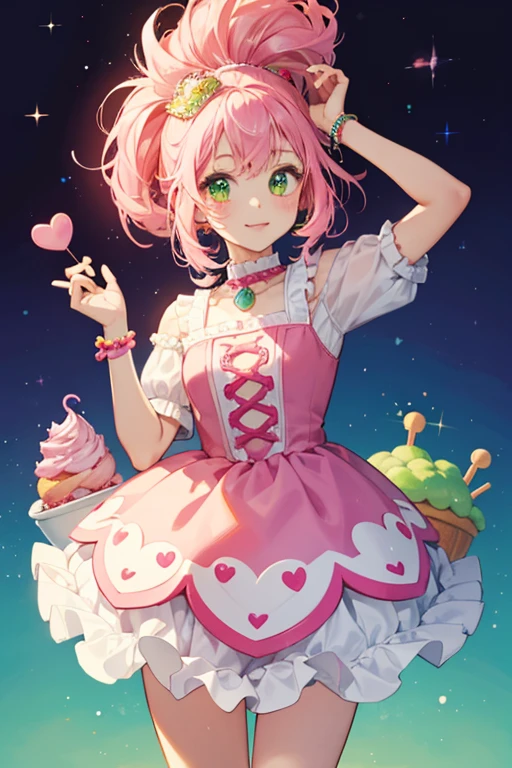 Putchicaketchi resembles a cupcake. She has small legs, pink icing for hair, and three heart decorations: one pink, one green and one yellow. She also has a large cherry at the top of her head. SPARKLE; GLITTER