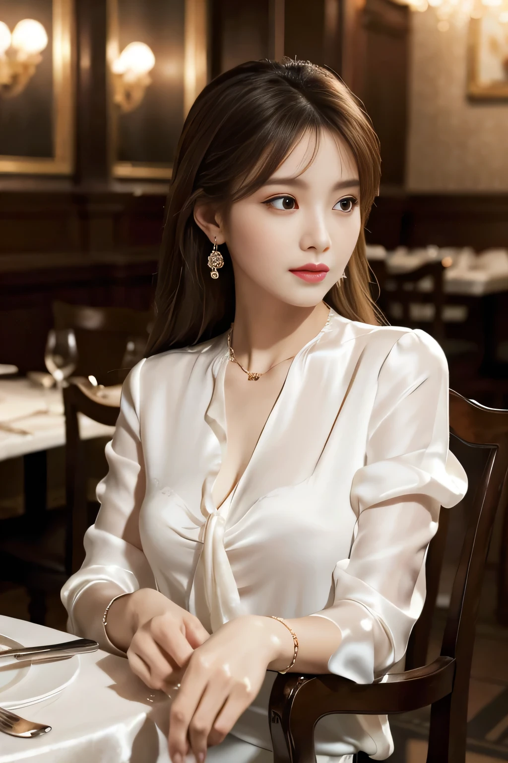 masterpiece, highest quality, Realistic, Very detailed, Finer details, High resolution, 8k wallpaper, One beautiful woman,Wear an elegant white silk blouse, In a great restaurant, At night, Light brown messy hair, Perfect dynamic composition, Beautiful and beautiful eyes、Big earrings、Sitting in a chair、