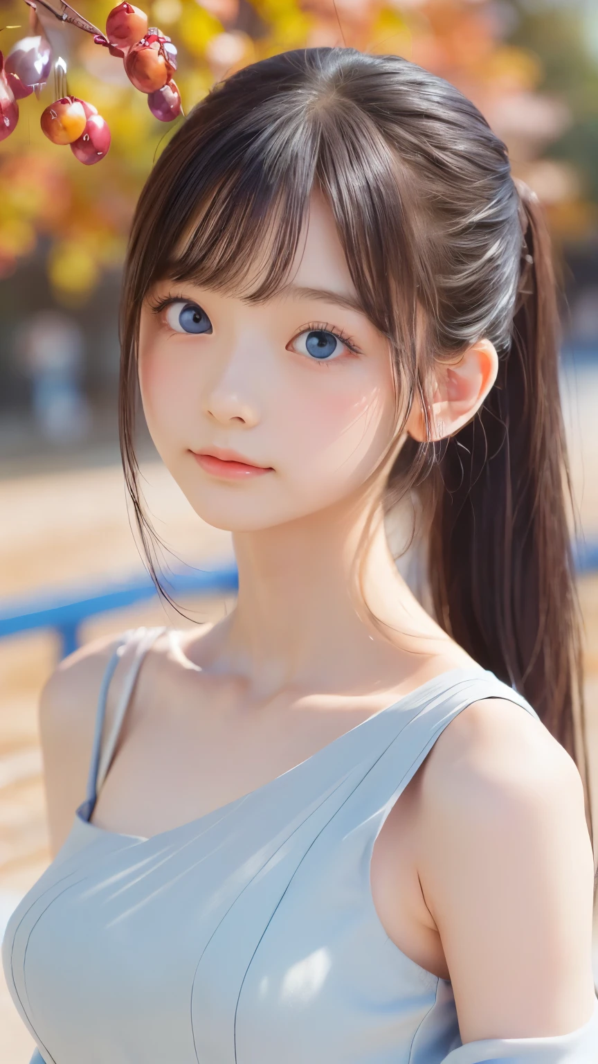 (masterpiece), (highest quality), (Super detailed),(Disheveled Hair),(figure), (One girl), Are standing, smile, Beautiful fine details, Bright Blue Eyes, Beautiful face in every detail, (kamisato ayaka: 1.2), Focus on the face,  ponytail, kamisato ayaka(Genshin Impact), Light blue hair, Detailed Hair, bangs, Best lighting, Best Shadow, Very detailed, Vibrant