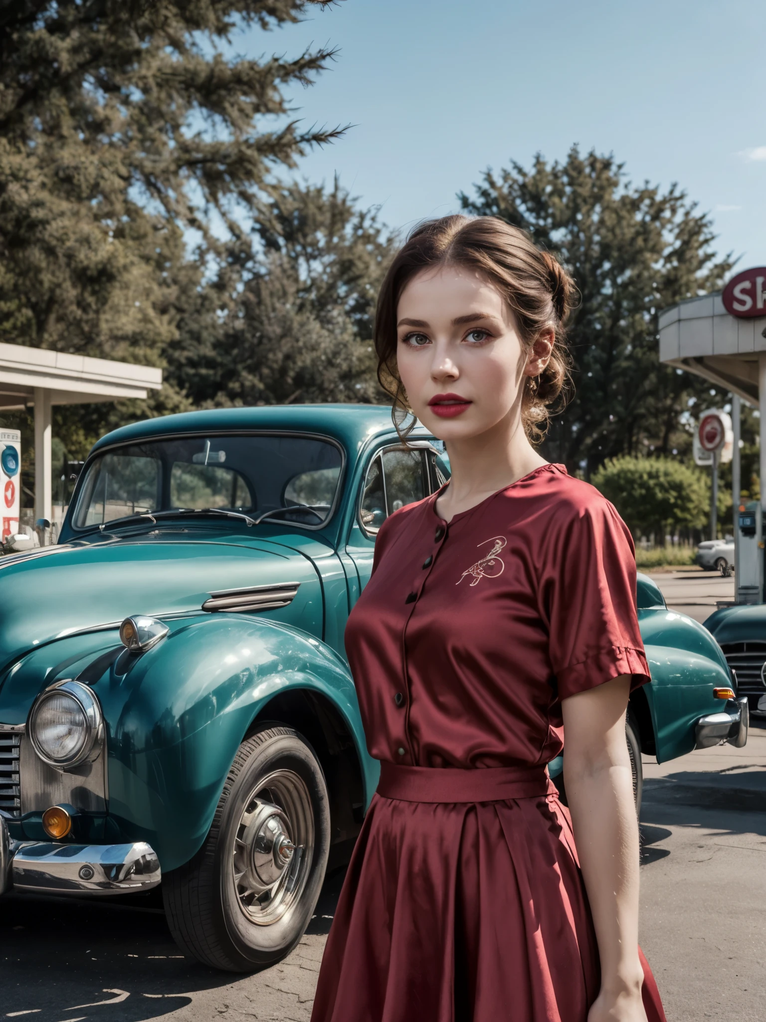 1girl, wearing red silk rococo style clothing, snub fit skirt, detailed face, brown hair updo, looking at viewer, vintage gas station, high ponytails, (realistic:1.3), art deco design, trees, parking car, nostalgic, retro style, warm afternoon light,