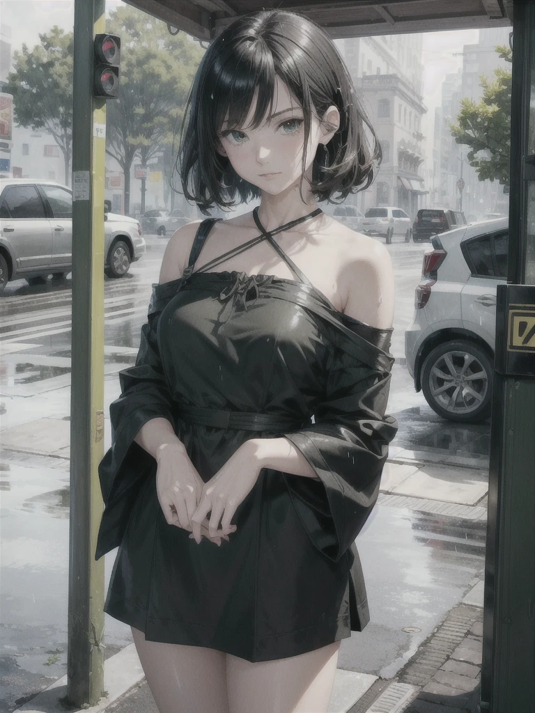 best quality, ultra-detailed, high resolution, extremely detailed cg, anime style, 8k, nice hands, perfect hands, perfect body, (green eyes), (black hair up to shoulder), drill hair, ribbon, beautiful eyes,wet clothes, short red dress, detailed and beautiful face and eyes, ((shiny skin)), shiny hair, (detailed and beautiful shiny clothes, under a kiosk, in a square,  waiting for rain to pass,overcast sky, rainy day