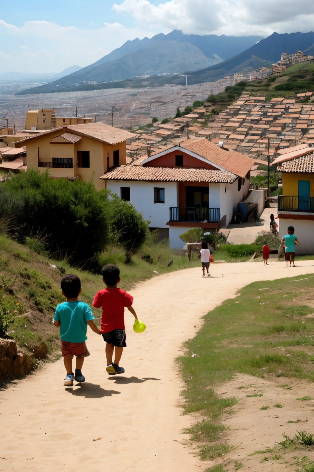 creates Lima children playing soccer in a way that one is behind the other in a disorderly manner with completely worn clothing and that they are in a landscape of Villa María del Triunfo from the street with poor landscape and the houses also on land with and with flip flops on a court and viewpoint looking at the entire poor neighborhood at the top of a hill but there are no houses near them ,que no ahiga vegetacion alguna ,y que las casas tengan techo de metal, on top of a mountain