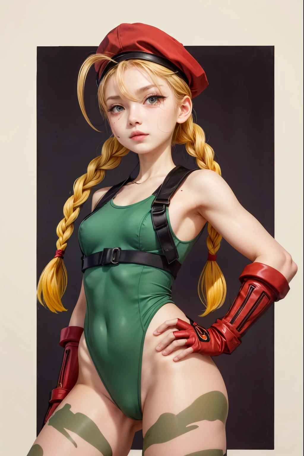 master part, best quality, Altas, 1girl, Cammy branco, twin braids, cabelos longos, blonde hair, cabelo da antena, boina, (red headwear:1.3), olhos azuis, cicatriz na bochecha, malha verde, grandes, Mangas, luvas vermelhas, luvas sem dedos, camuflar, cowboy shot, Standing, ao ar livre, arms at side, Em linha reta,