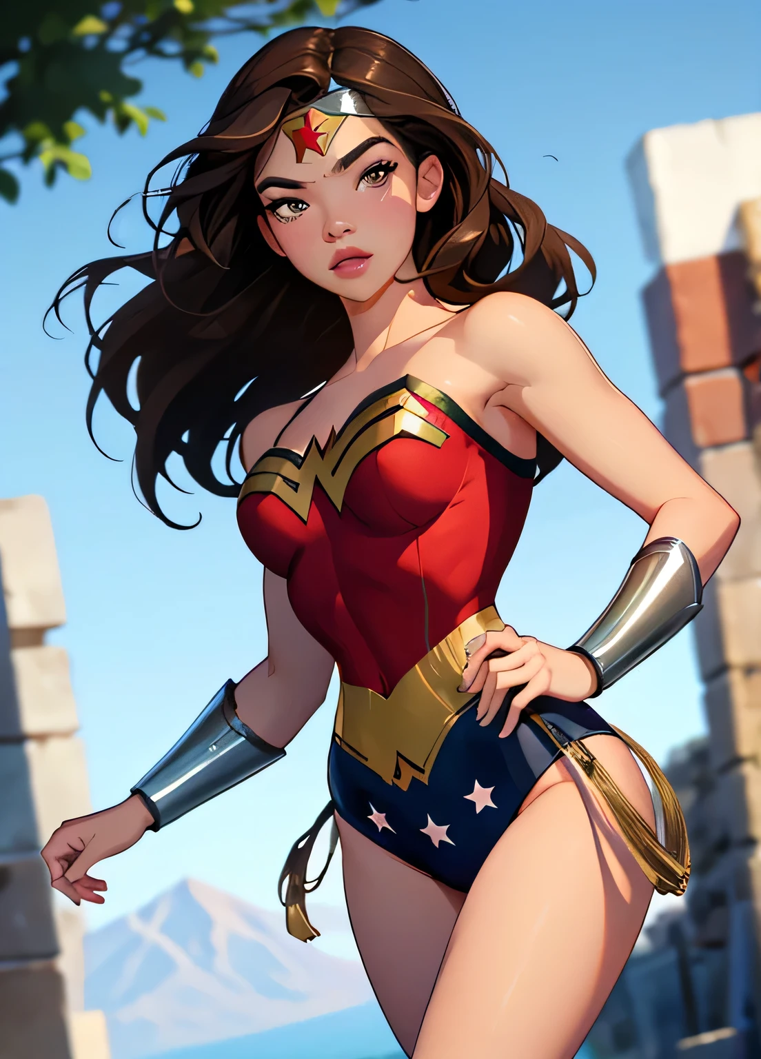 PhotoRealistic Art Style Best Qualit:1,3, Natural Beauty, Masterpiece, Full Body View Visible, Hailee Steinfeld, Perfectly Accurate Face Proportion,Realistic Light Hazel Brown Eyes, Thick Eyebrows, Brown hair, slim toned Thighs, tight ass, perky round breast , slim athletic body type, perfect body type, wonder woman