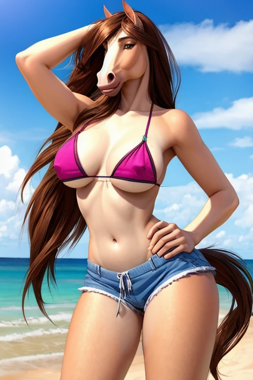 Horses wearing short beach shorts, sexy bikini