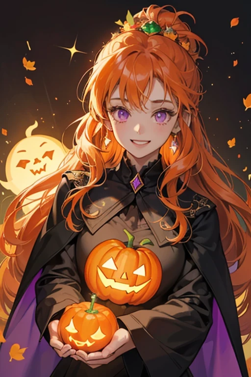 she head resembles a Jack-o'-lantern. sHe has a ghost-like orange body, and has a green leaf and single long curl of hair on top of her head. sHe wears a tattered violet cape with a black collar. When happy, the leaf on her head turns into a heart. SPARKLE; GLITTER