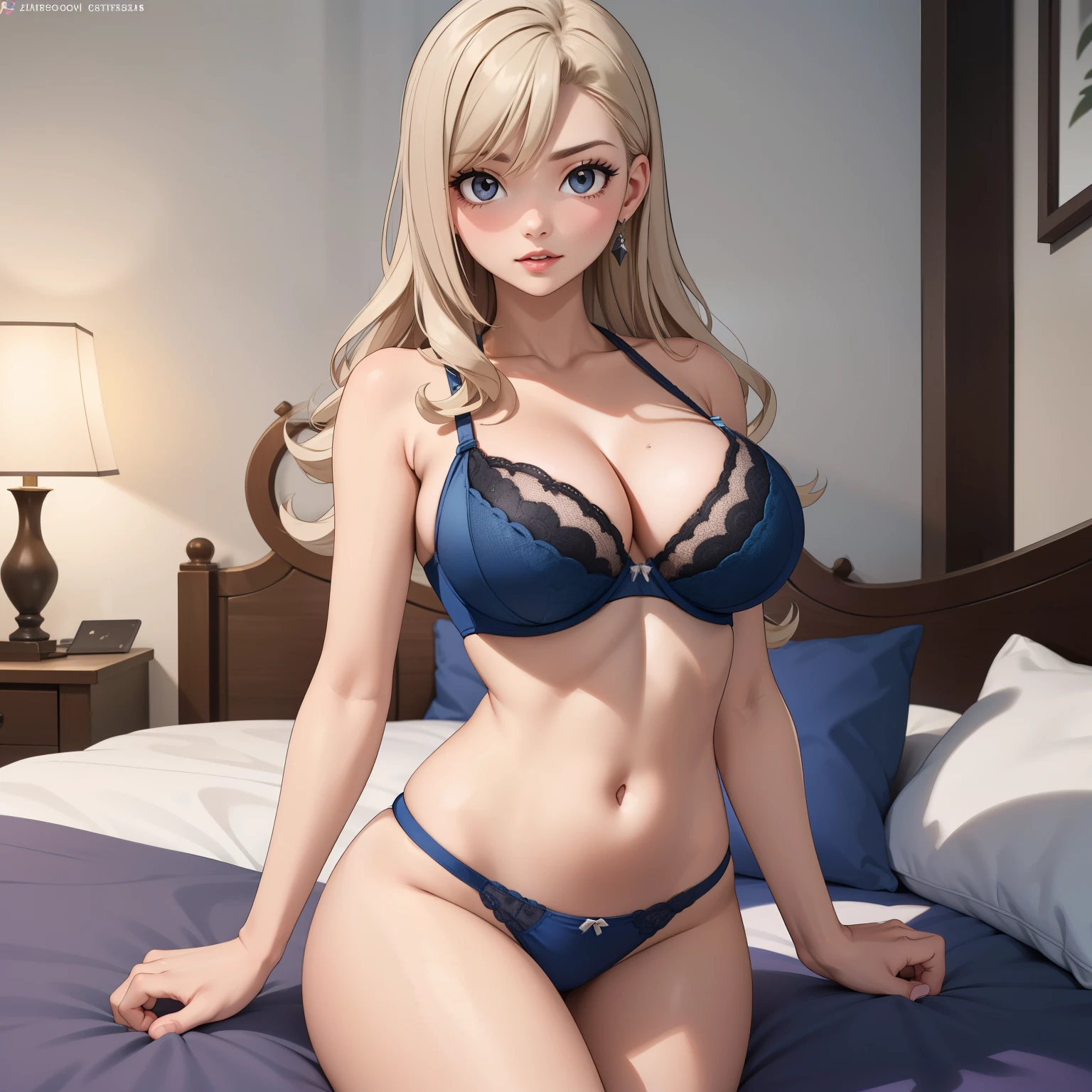 Rebecca Bluegarden, Woman 25 years old, cabello rubio ceniza, ojos azules como zafiros, pechos grandes,  detailed light blue bra and panties, gotas de sudor en su pecho, manos perfectas, fondo una cama lujosa, rubia, pelo rubio, mujer de cabello ubio ceniza.