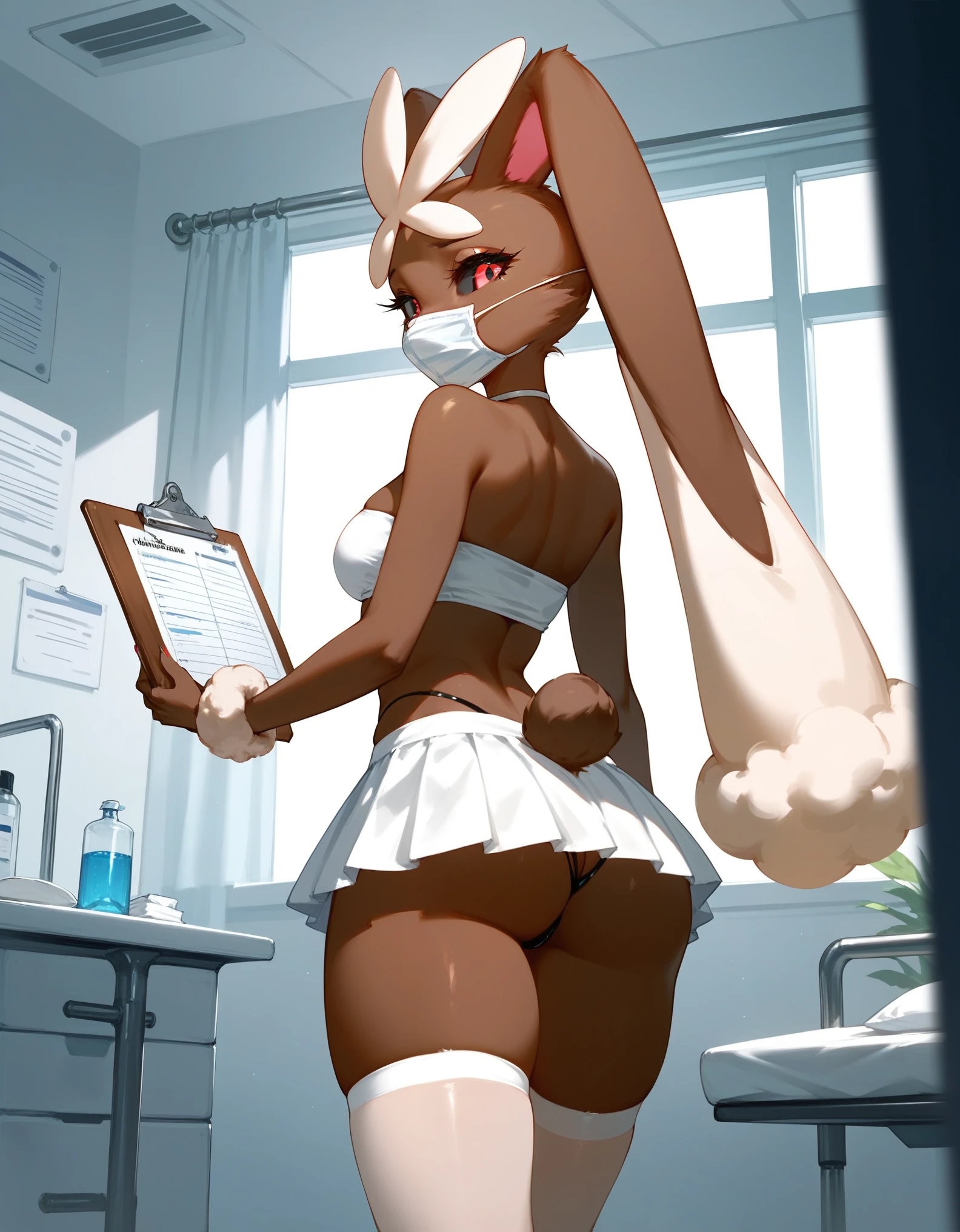 Solo, score_9,score_8_up,score_7_up, an Anthro furry female lopunny, standing, tall slender body, wearing white bandeau, white microskirt with black thong, white thigh high socks, black thong visible, white surgical mask, in a hospital bedroom, sexy pose, holding a clipboard, rear view, 