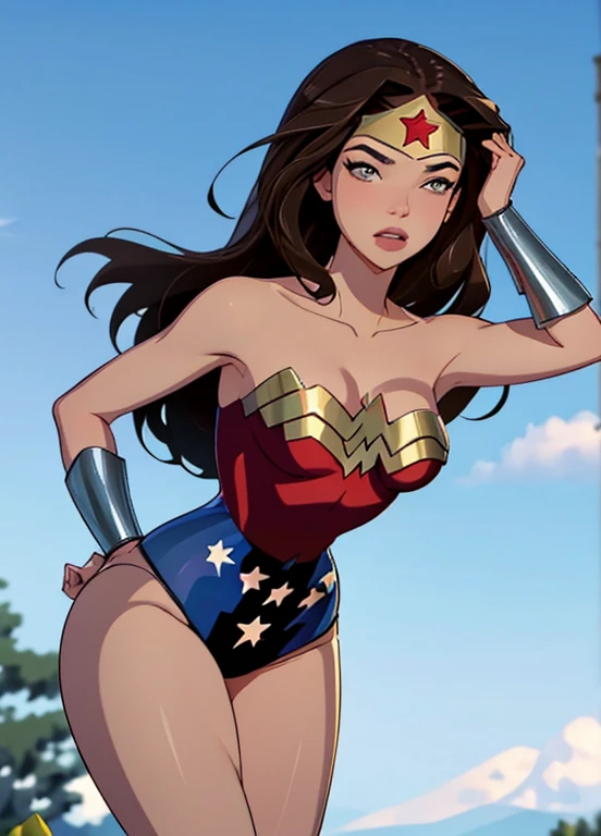 PhotoRealistic Art Style Best Qualit:1.3, Natural Beauty, Masterpiece, Full Body View Visible, Hailee Steinfeld, Perfectly Accurate Face Proportion,Realistic Light Hazel Brown Eyes, Thick Eyebrows, Brown hair, slim toned Thighs, tight ass, perky round breast , slim athletic body type, perfect body type, wonder woman