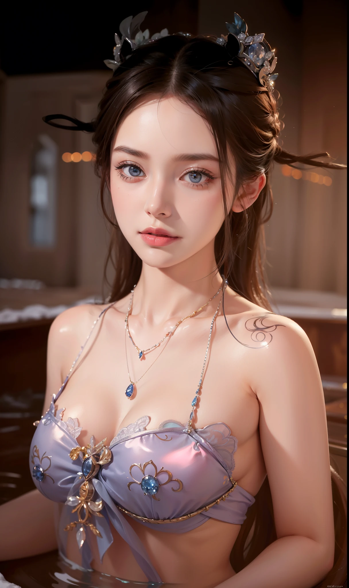 Super detailed, Delicate face, Realistic style, Stock Photography ,  rich and colorful, Surrealism, Realistic textures, Dramatic Lighting, Thin Film Distiller 800 (8K, original photo, Better quality, masterpiece: 1.2), Super detailed, (Extremely delicate skin: 1.2), 8K Ultra HD, SLR camera, Soft Light, high quality，Snow Queen,ice castle，Blue pupils，Apply red lipstick，Tattoo goddess，With tattoo pattern，Ultra-clear portrait，Wearing necklace jewelry，apply lipstick，Wear heavy makeup，The facial texture is very clear，Beautiful tattoos on the body，Deep blue eyes(Sapphire-like pupils)，A crown of luxury，Diamond necklace，Lace Print，Beautiful goddess，Gorgeous and exquisite jewelry，Yan Lingji，Take a bath in the pool，The lower body is in the pool