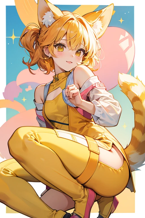 Pyonkotchi looks like a girl yellow cat with pink ears and a stubby tail. In her newer artwork, she is a brighter yellow, her ears are a bit smaller, and she was given orange cheeks. SPARKLE; GLITTER