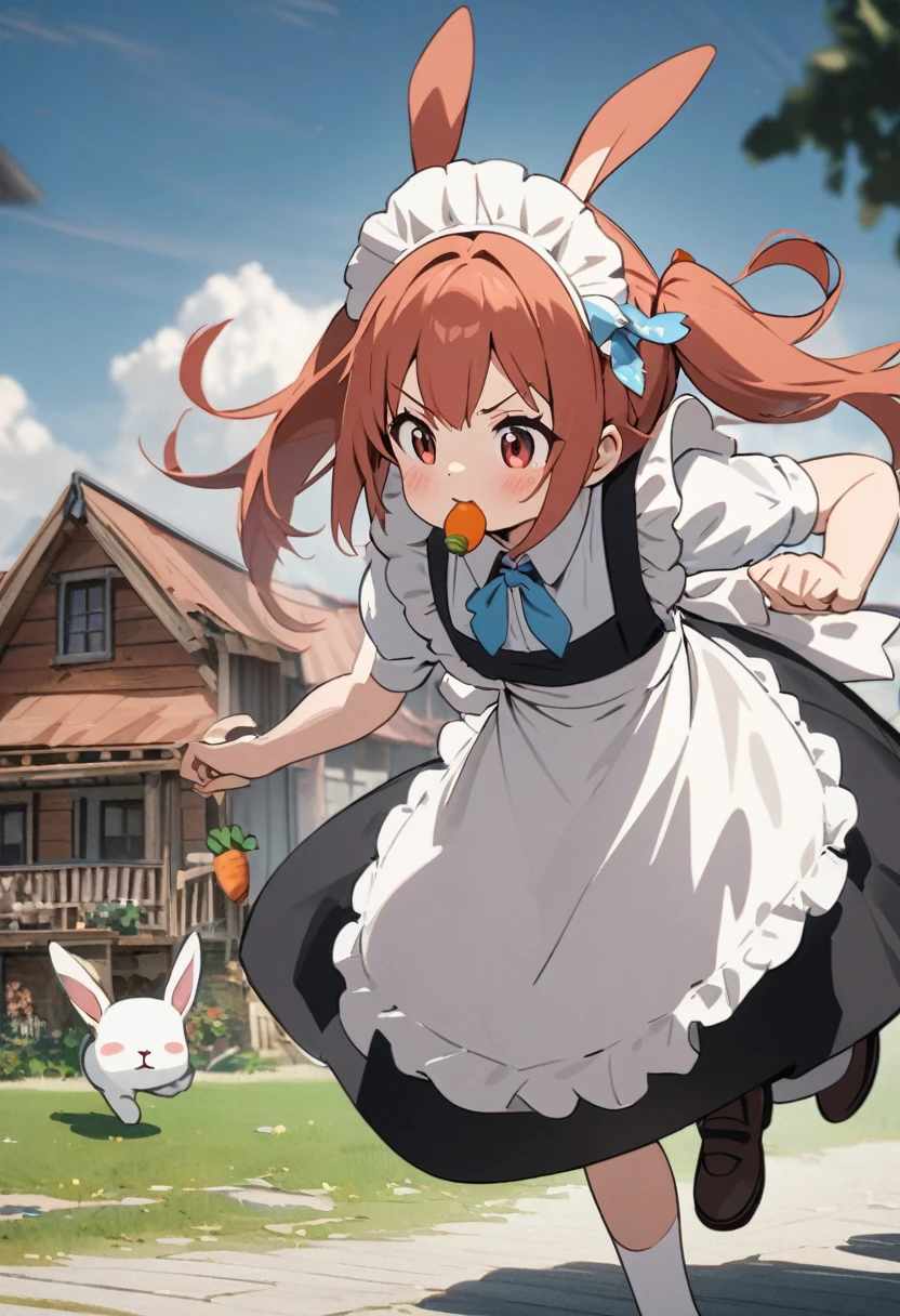 Anime drawing of a girl,A cute  chasing a rabbit,A girl with red twin tails, a maid wearing clothes, a maid's hair ornament on her head,The girl is chasing angrily with one fist raised., the rabbit is running away while looking at the girl with a carrot in its mouth.A cute parallel world with one cute house, a cute depiction of a girl,Cute drawing of a rabbit,High quality, high precision images, 4k, 8k