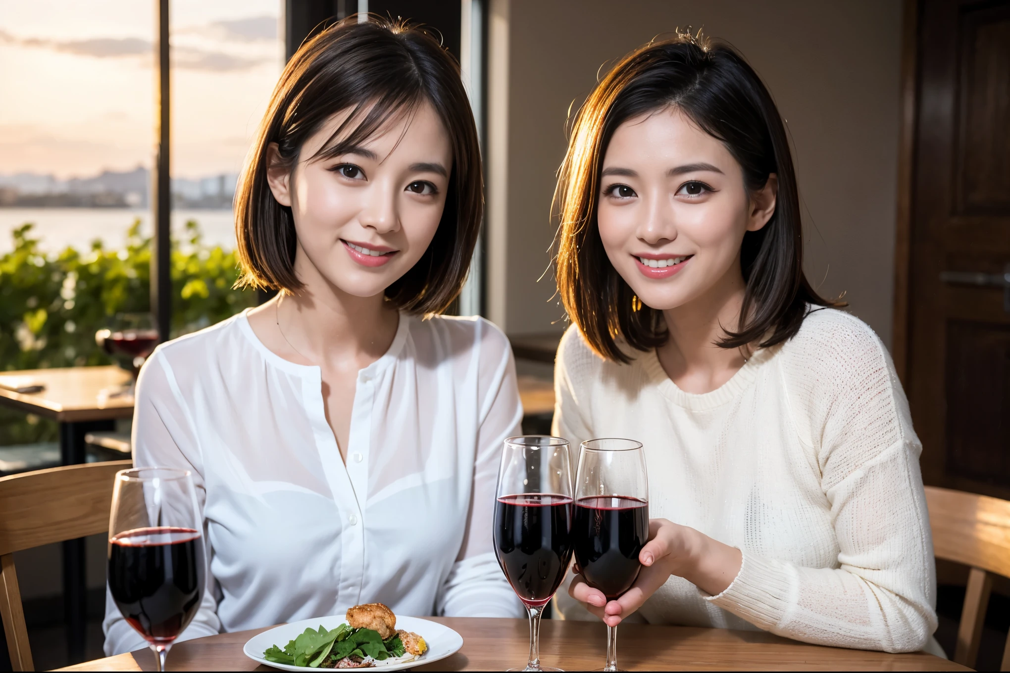 ((highest quality、8k、masterpiece:1.3))、 (Realistic, Real、Bright image、Intricate details:1.2), 1 male 1 female、Beautiful couple who look like Yuko Takeuchi、lover、couple、spouse、Beautiful couple、Happy smile、full-course dinner、 (Slim face), (Slim Body), (Brown Hair), (Short Hair), テーブルの上のwine glass、Please put light on my face、 Amazing view of the sunset sky and clouds、 (Age 35), 39 years old, red wine 、Appetizers、Wine bottle、sparkling wine、Long sleeve shirt、dress、White wine, red wine, wine glass,