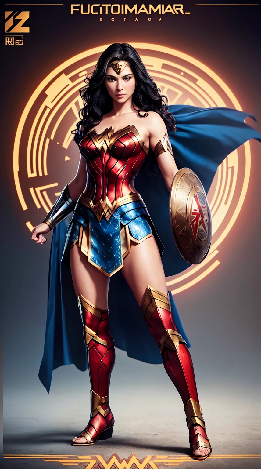 ((Full body photo, standing, feet on the ground))  Wonder Woman, TM Samurai, intricate face details, poster style, icons, vibrant colors, vector style, digital art, 4K, intricate details, mesmerizing, professionally made, beautiful vector illustration, 12K resolution, 3D, all characters in detailed full body, highly detailed, vibrant, ultra high quality, Hyperrealism, Photorealism, octane render]
