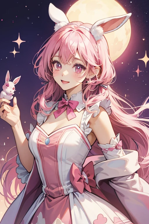 Pyonpyontchi is a pink girl rabbit with dark pink markings. She wears a pink ribbon on her right ear. SPARKLE; GLITTER