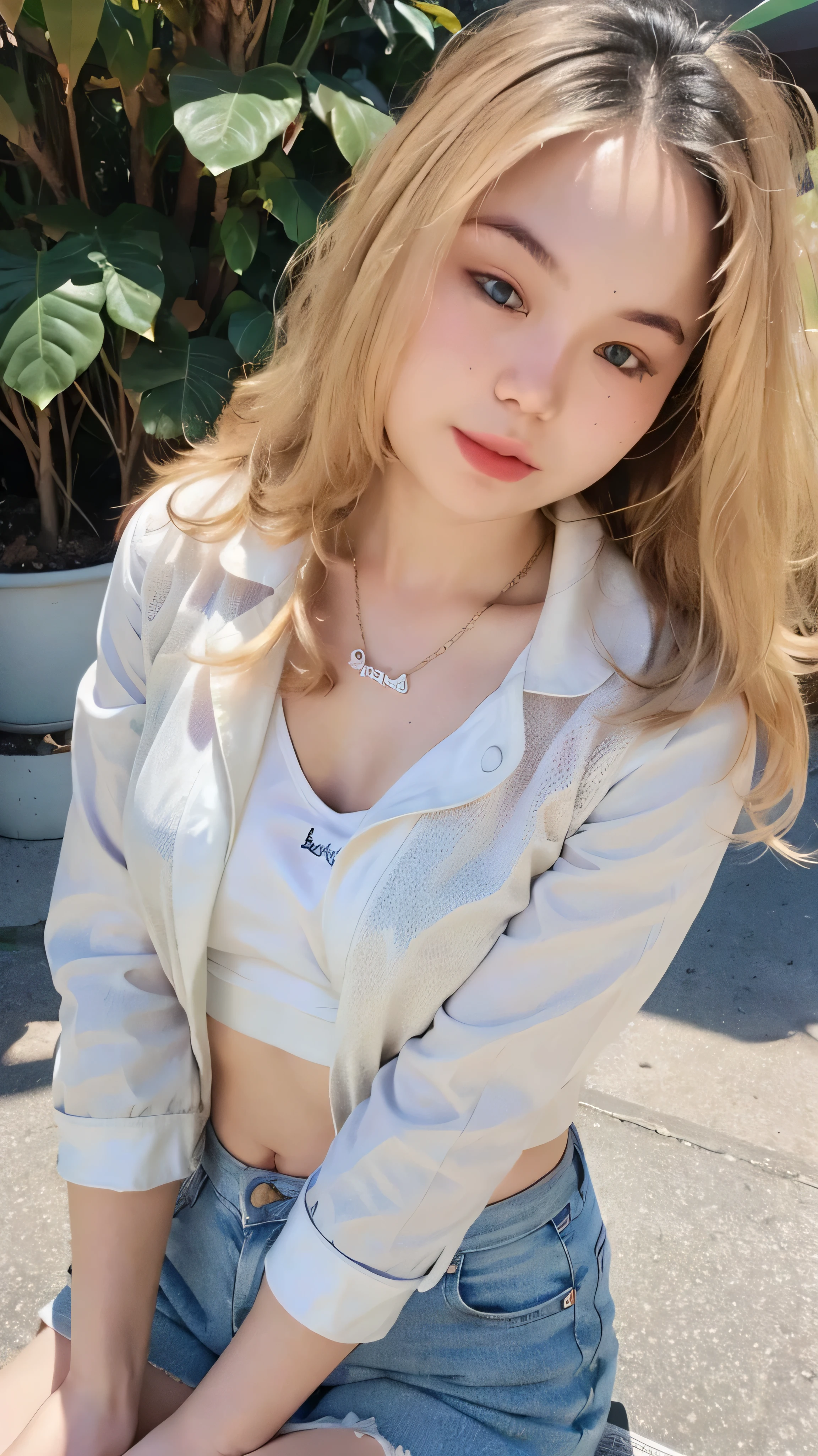 1girl, cute, smaller chest, blonde hair, long hair, wavy hair, bangs, open white jacket, sheer tank top, shorts jeans, sitting, outdoor, full-body portrait, (best quality,4k,8k,highres,masterpiece:1.2),ultra-detailed,(realistic,photorealistic,photo-realistic:1.37)