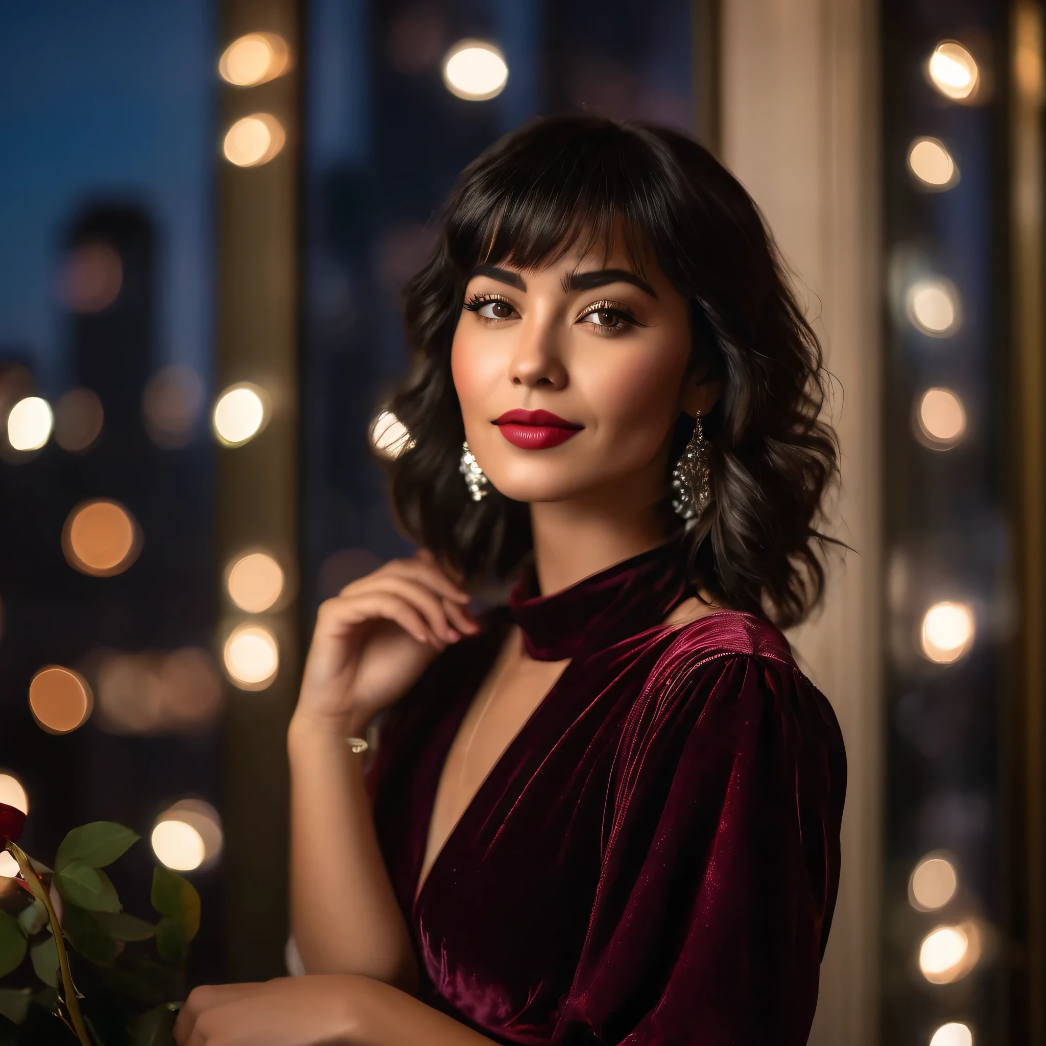 a tall woman, messy short medium black hair with bangs, brown eyes, rock n roll style,  is standing in front of a softly lit window with a view of the city lights at dusk. She's wearing a deep burgundy velvet dress that hugs her figure perfectly, accentuated by silver jewelry that adds a touch of elegance. Her hair is styled in soft waves, framing her face beautifully. She holds a single red rose in one hand, and her expression is a mix of contemplation and subtle joy, leaving her followers guessing if there's someone special in her life. The background is blurred, focusing on Mia and the rose, creating a dreamy, romantic atmosphere. Camera: DSLR,
lens: 50mm f/1.4. Exposure: ISO 400, f/1.4, 1/60s. Illumination: Soft natural light from the window, with a warm lamp in the background to enhance the cozy ambiance. Composition: she is centered in the frame, with the city lights softly blurred in the background, creating a bokeh effect that highlights the romantic mood. The rose she holds adds a pop of color and serves as a focal point in the image.