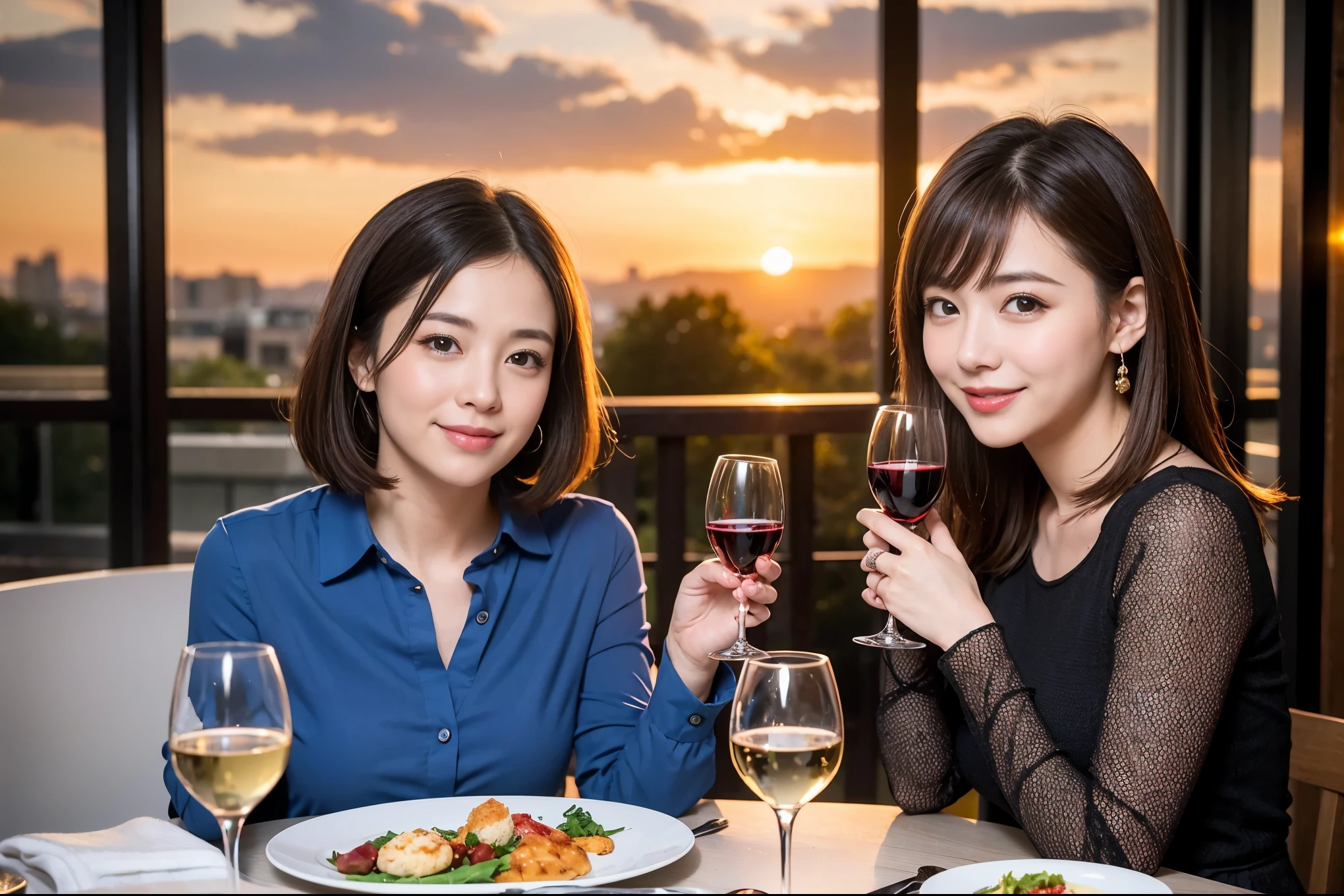 ((highest quality、8k、masterpiece:1.3))、 (Realistic, Real、Bright image、Intricate details:1.2), 1 male 1 female、Kimura Fumino-like beautiful couple、lover、couple、spouse、Beautiful couple、Happy smile、full-course dinner、 (Slim face), (Slim Body), (Brown Hair), (Short Hair), テーブルの上のwine glass、Please put light on my face、 Amazing view of the sunset sky and clouds、 (Age 35), 39 years old, red wine 、Appetizers、Wine bottle、sparkling wine、Long sleeve shirt、dress、White wine, red wine, wine glass,