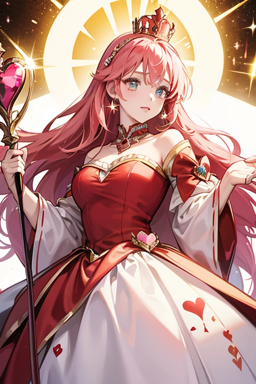 The Queen of Hearts has a white body with a red heart on top of their head. She wears a yellow crown and pink and red dress with a tall collar. She also carries around a staff with a red heart at the end. SPARKLE; GLITTER