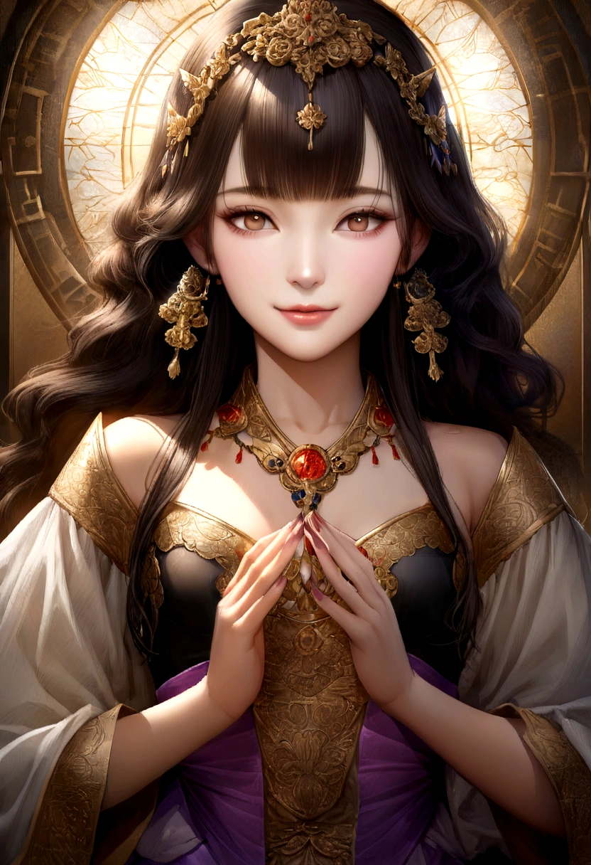 highest quality:1.5)、(Realistic:1.5)、(1 person:1.5)、Very detailed、finely、High resolution、8k wallpaper、Perfect dynamic composition、Small breasts、Natural color lip、Cute Smile、Japanese women、20-year-old girl、Beautiful and elaborate face、Perfect and beautiful face、Beautiful and exquisite、Big eyes、Brunette's eyes、Beautiful and elaborate face、Perfect and beautiful double eyelids、Natural Bangs、Beautiful thin nose、Beautiful Skin、Black natural hair、Long Hair、Natural Bangs、Perfect and beautiful face、Slim face and figure、(Looking into the camera)、Bright lighting、Professional Lighting、Front lighting、Natural smile、Beautiful clavicle、、fortune teller、Fortune-telling attire、Gold embroidery、purple、dazzling、Tarot、crystallization、Tiara on head、Big earrings are weird、nice、fortune tellerに見える、niceなネックレス、Race、Upper Body、By doing that'unbreakable、I can't cut my head or hair、