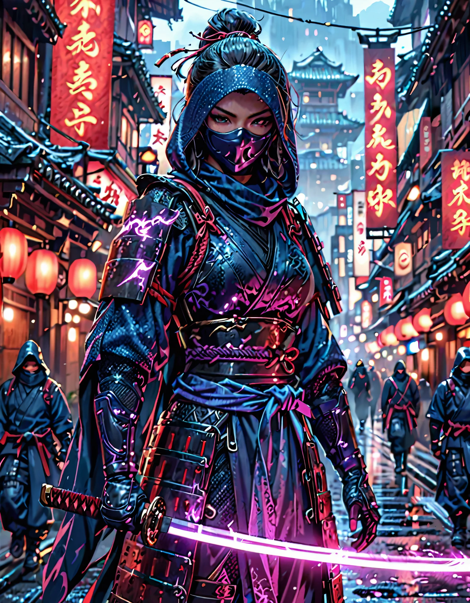 masterpiece, best quality, hires, 1man, solo, solo focus, female wearing dark blue ninja suit, using katana, ninja, city backdrop, realistic, stylish, intricate details, hyperdetailed, cinematic, rim light, danger atmosphere, cowboy shot