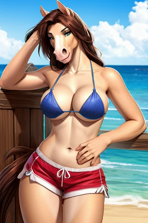 Horses wearing short beach shorts, sexy bikini